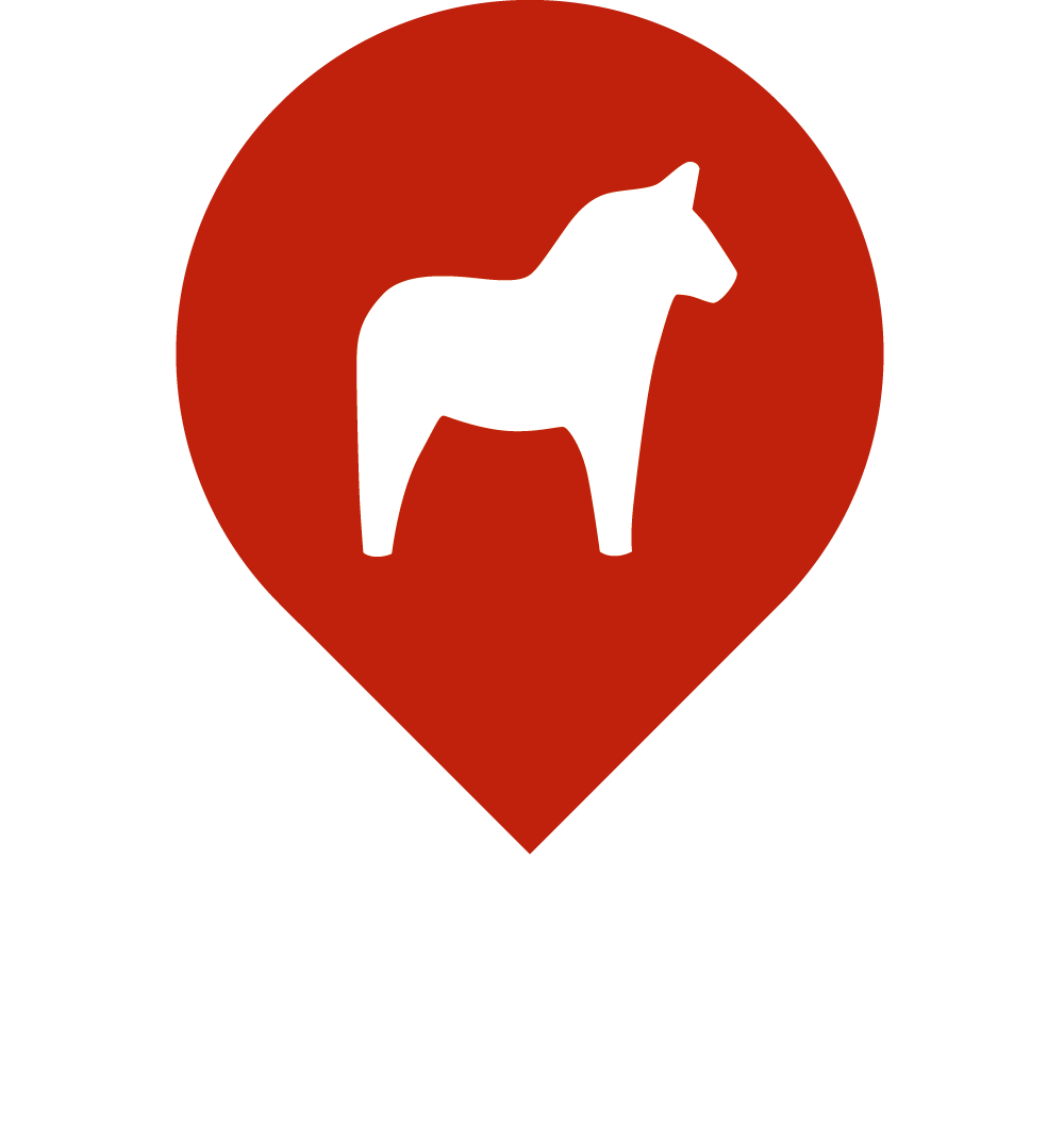 Company logo Visit Dalarna. Poi with a Dala horse in it.