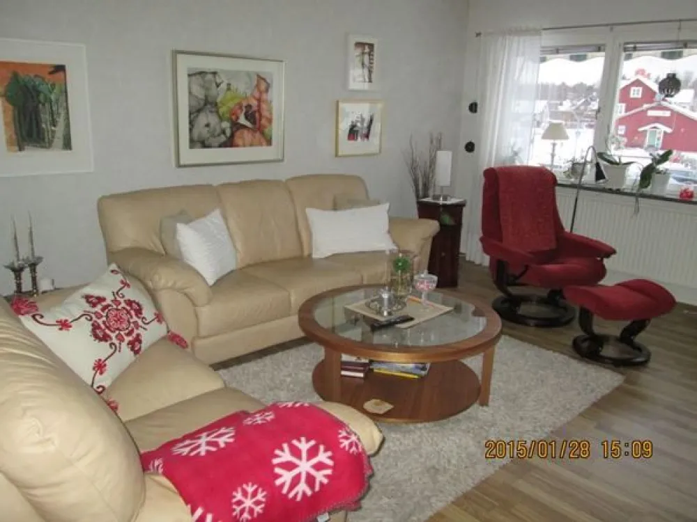 Lounge with sofa and table.