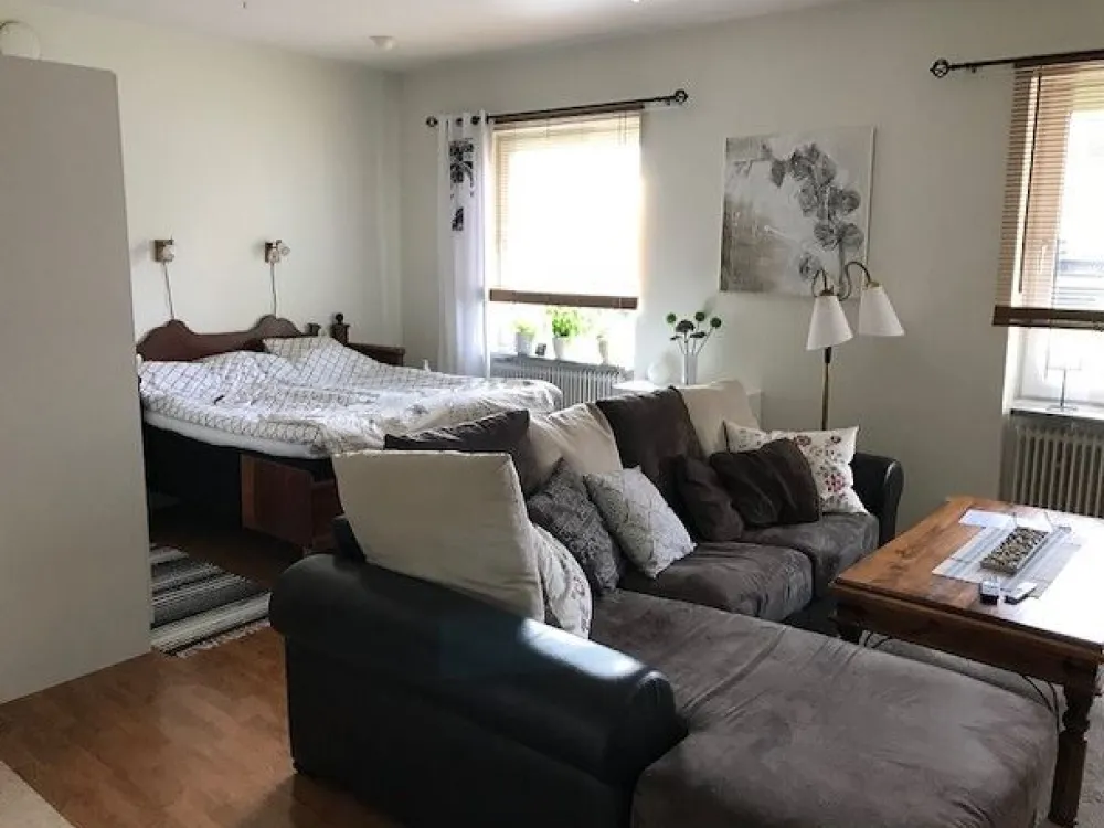 The living room with a sofa and a double bed.