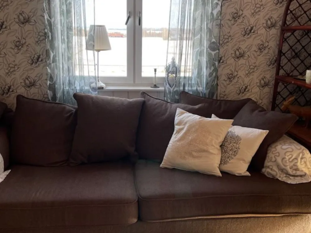 Sofa in front of a window.