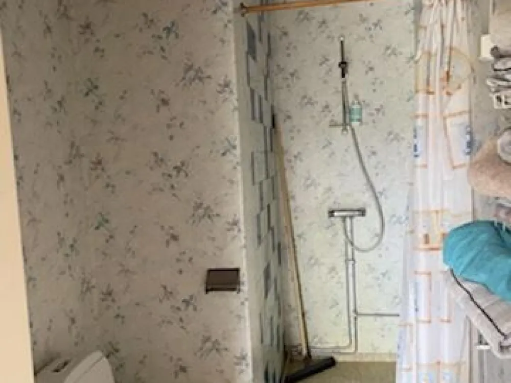 Shower and toilet with floral walls.